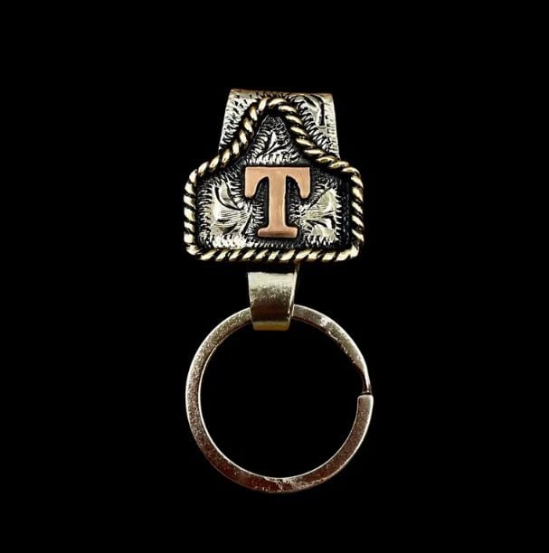 Vintage Brass Initial Cow Tag Keychain for Belt Loop & Pocket Carry