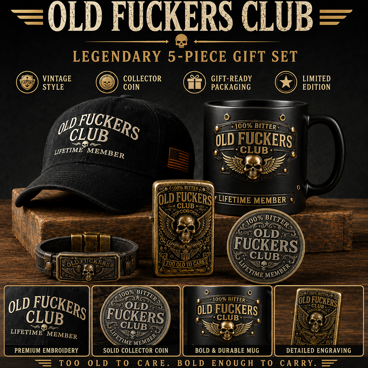 🔥 Today Only: FREE Collector Coin🔥 | 💀 Old Fuckers Club 2026 Ultimate Skull Gift Set — Cap + Bracelet + Vintage Lighter + Mug（5PS）