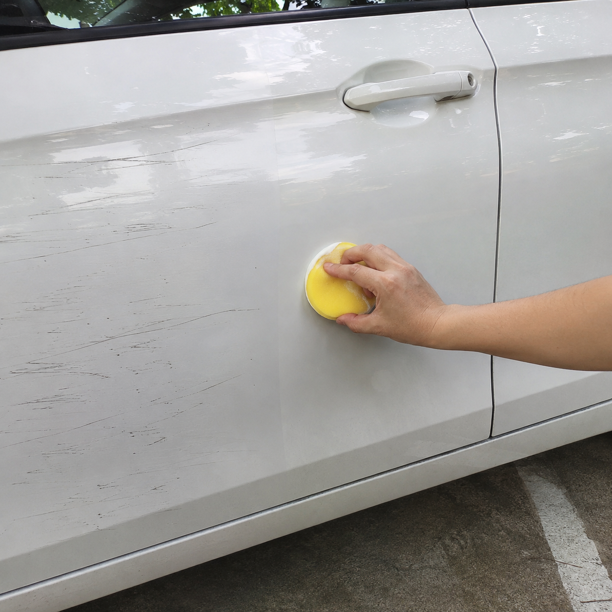 Customer applying scratch repair paste with a sponge