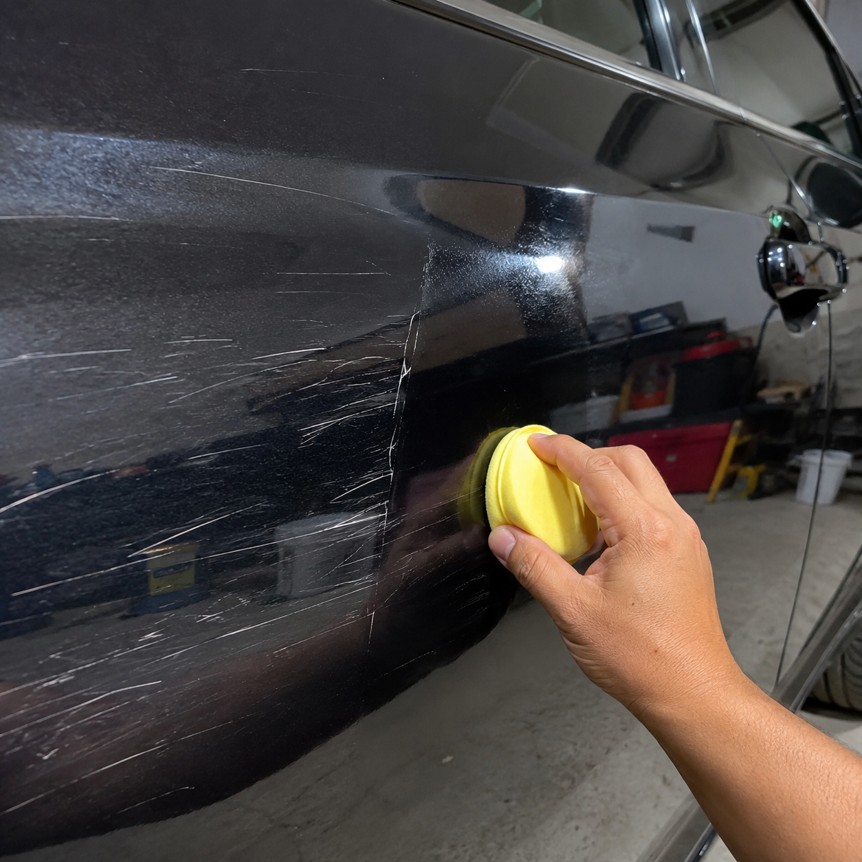 Customer buffing scratch repair paste on dark car paint
