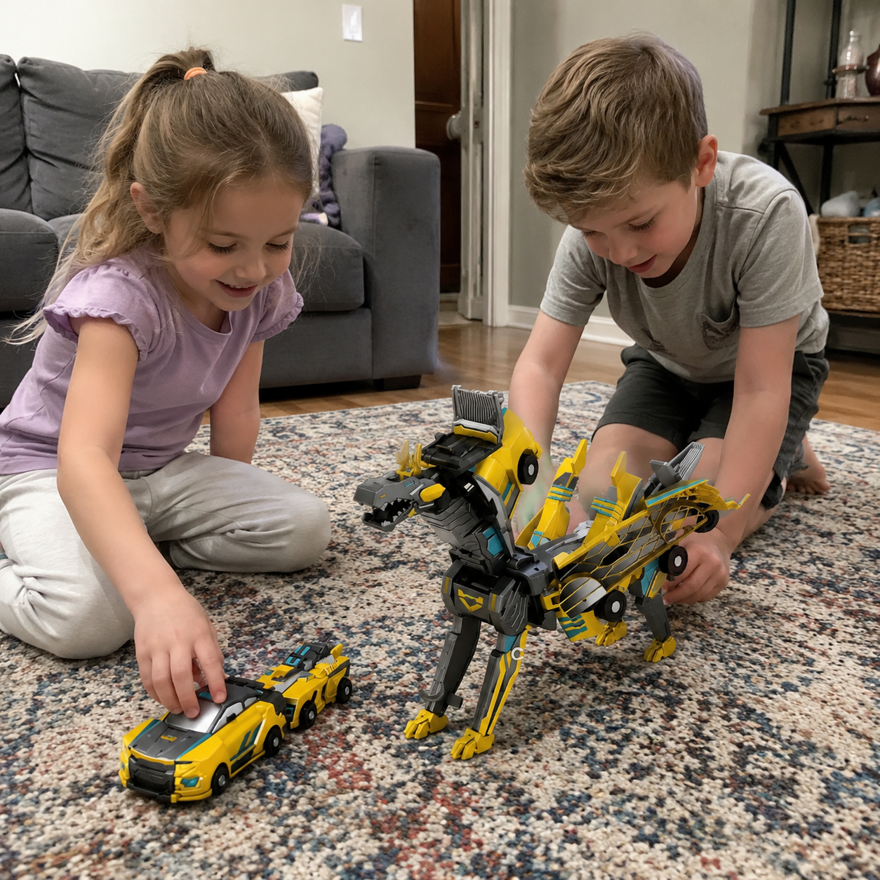 Two children playing together with the magnetic dino transformer car