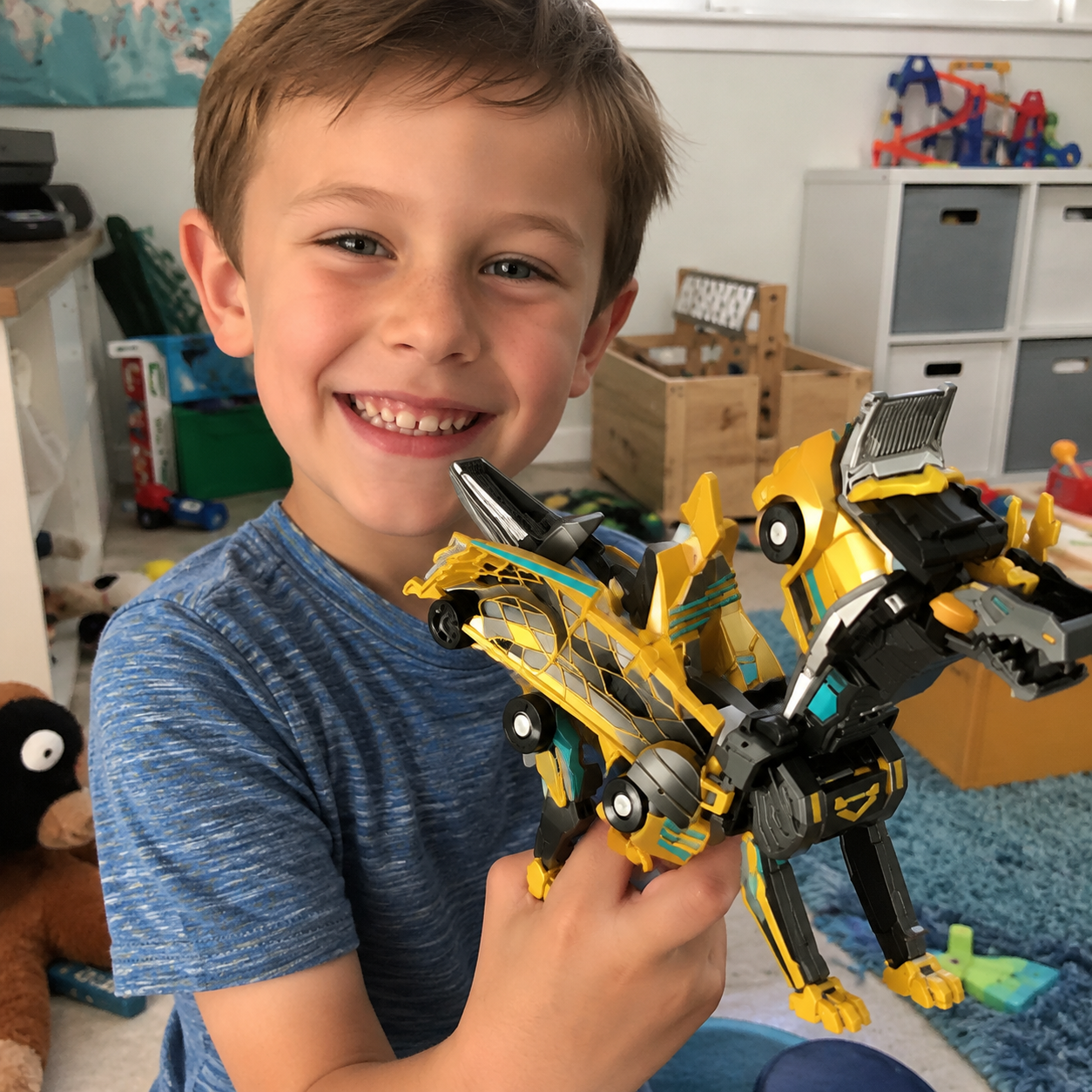 Smiling child holding the completed magnetic dinosaur transformer