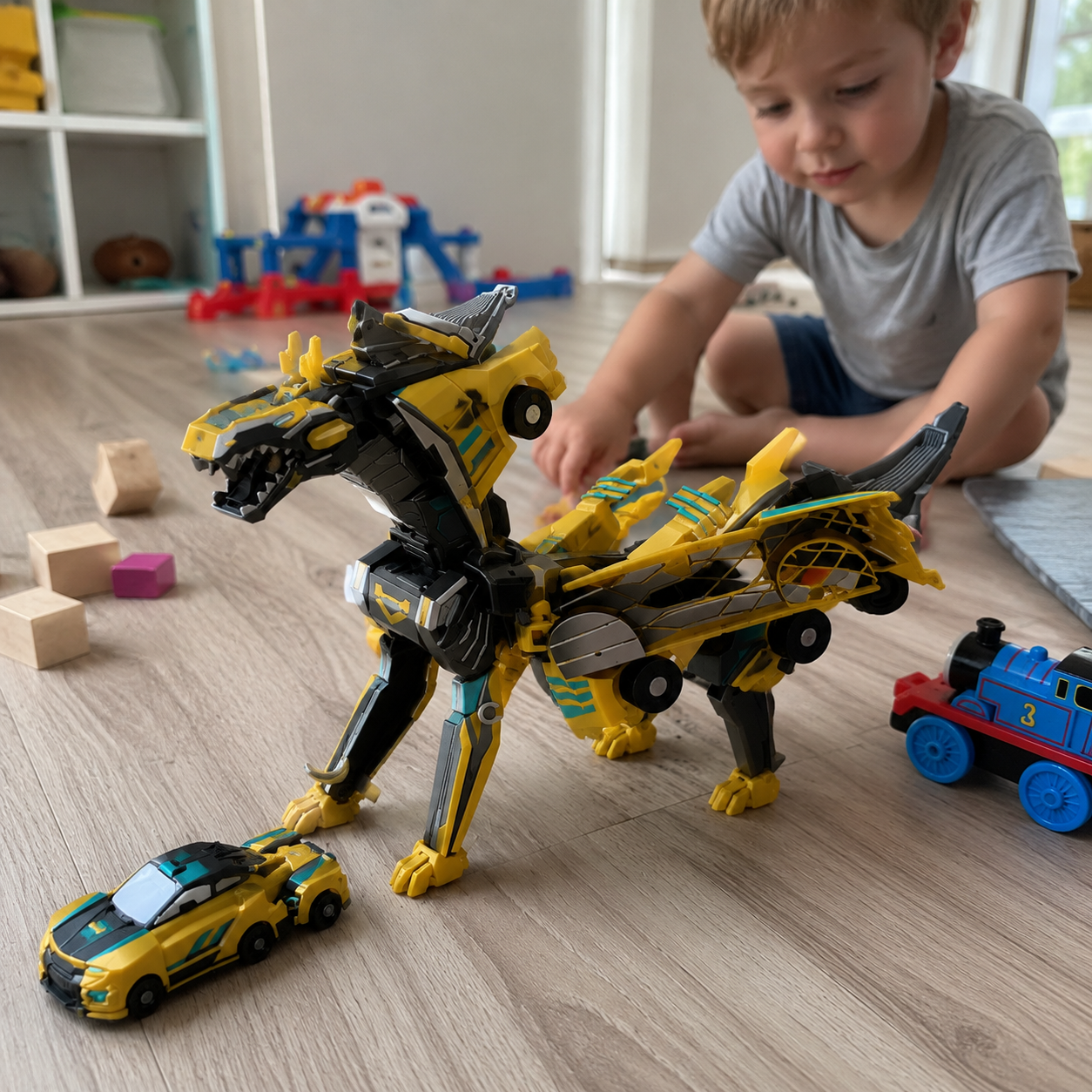 Child playing with the gold dinosaur transformer toy at home