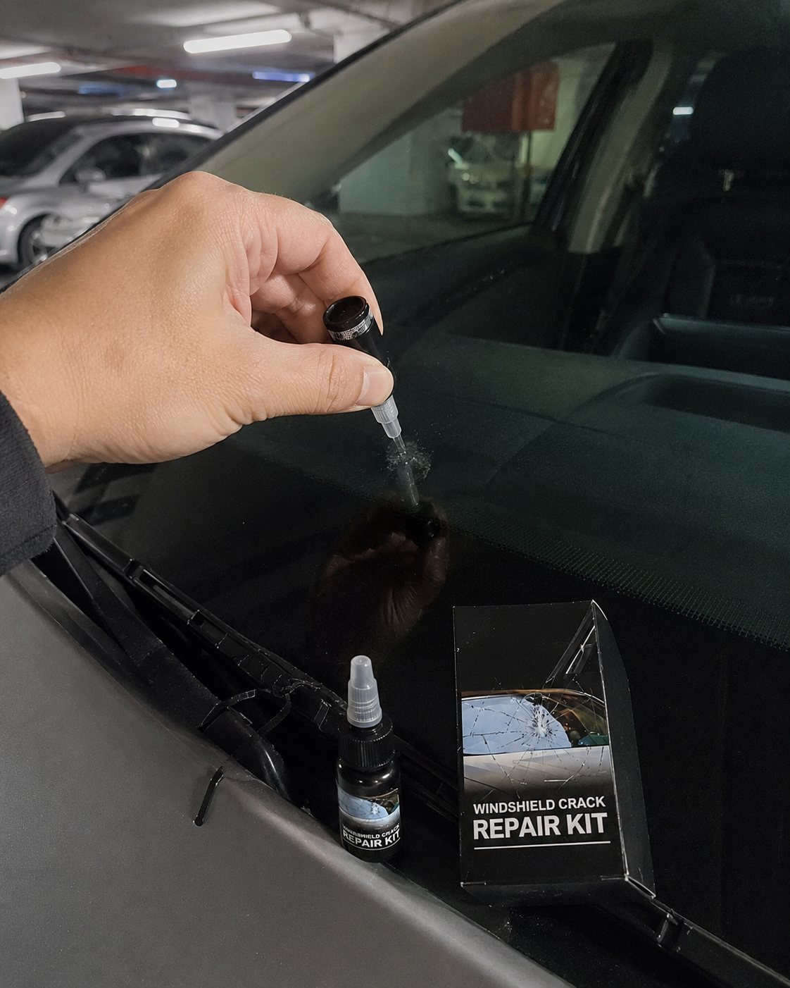 Customer inspecting a small windshield chip before repair