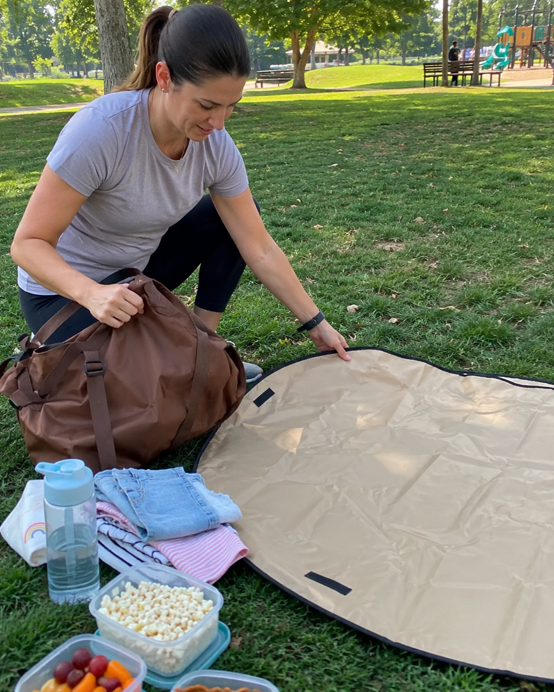 Customer using the unfolded mat during an outdoor picnic