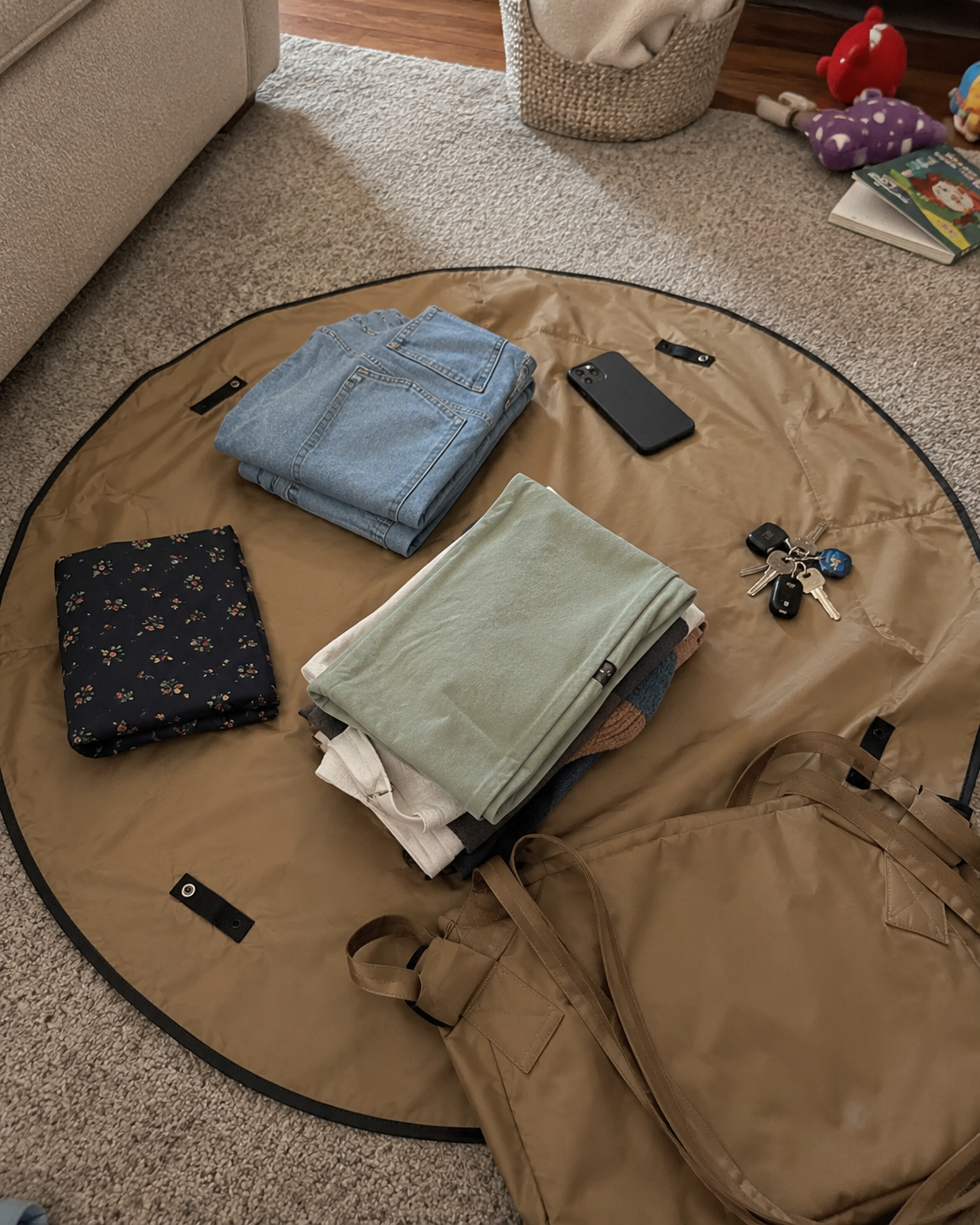 Picnic essentials arranged inside the spacious mat tote