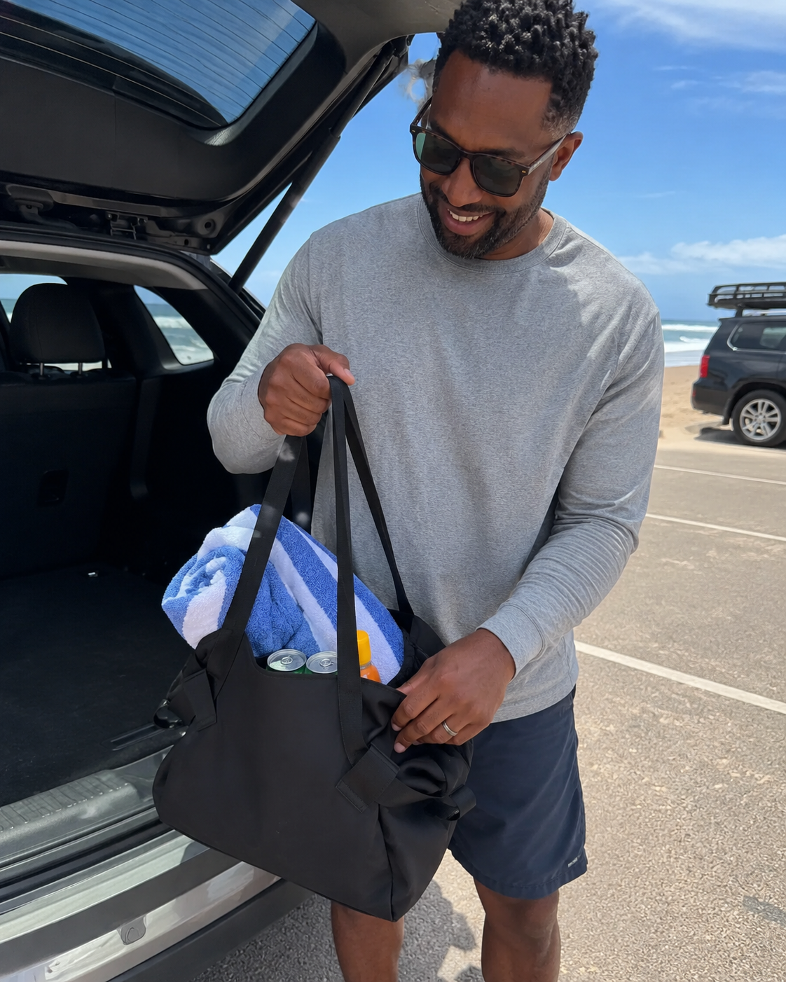 Customer taking the convertible tote on a day trip