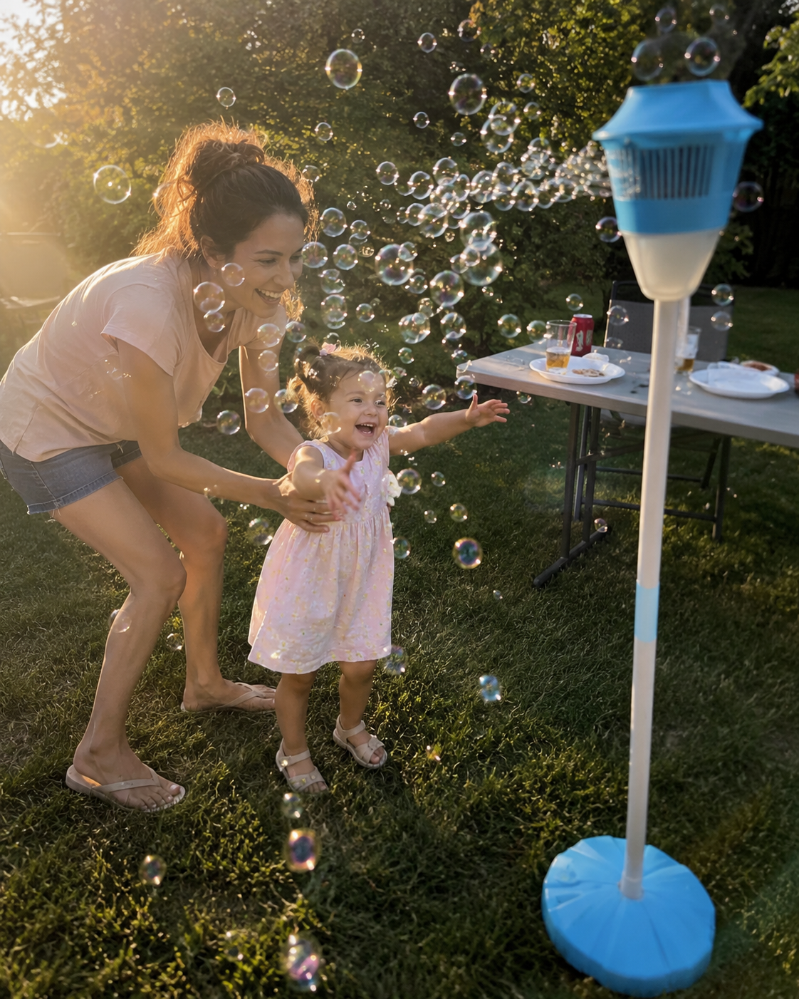 Child playing beside the glowing bubble fountain tower