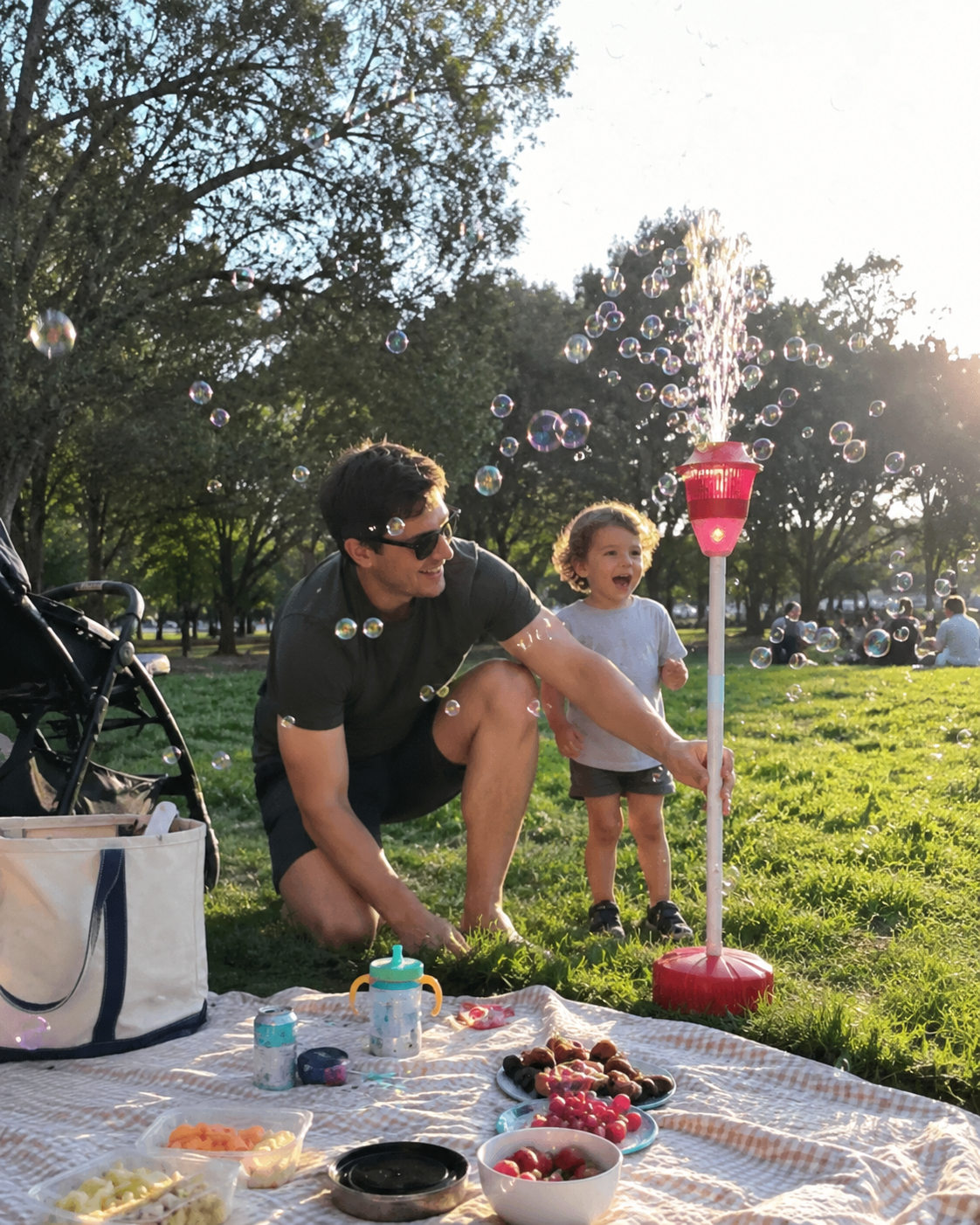Family enjoying bubbles from the streetlight bubble tower