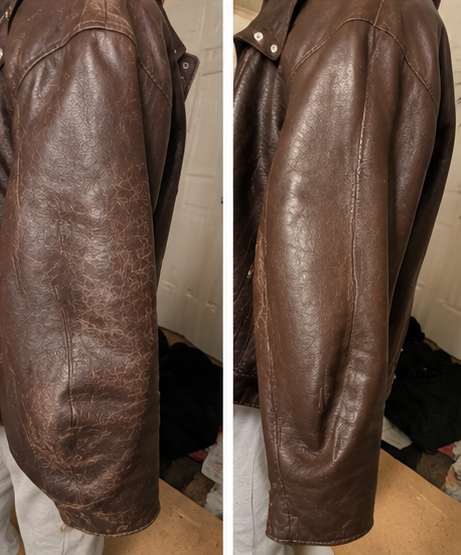 Customer showing the repaired area on a brown leather sofa