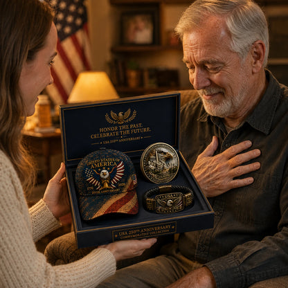 🔥 Today Only: FREE Collector Coin🔥 | USA 250th Anniversary Patriotic Eagle 3-Piece Gift Set – Embroidered Cap, Coin & Bracelet