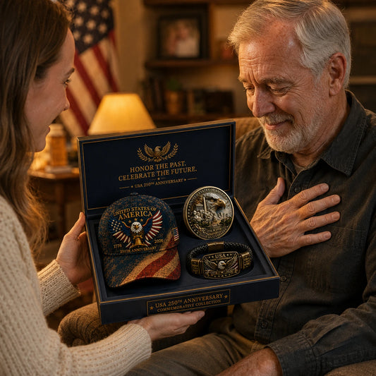 🔥 Today Only: FREE Collector Coin🔥 | USA 250th Anniversary Patriotic Eagle 3-Piece Gift Set – Embroidered Cap, Coin & Bracelet