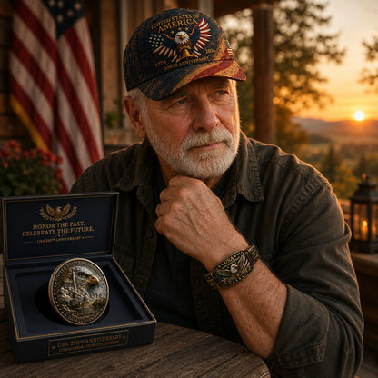 🔥 Today Only: FREE Collector Coin🔥 | USA 250th Anniversary Patriotic Eagle 3-Piece Gift Set – Embroidered Cap, Coin & Bracelet