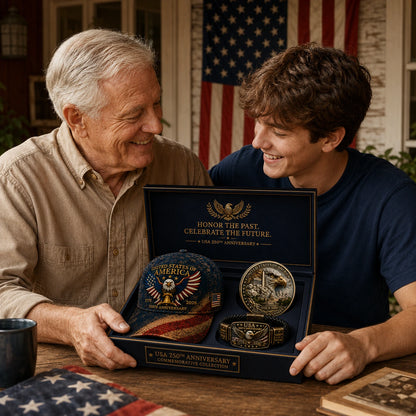 🔥 Today Only: FREE Collector Coin🔥 | USA 250th Anniversary Patriotic Eagle 3-Piece Gift Set – Embroidered Cap, Coin & Bracelet