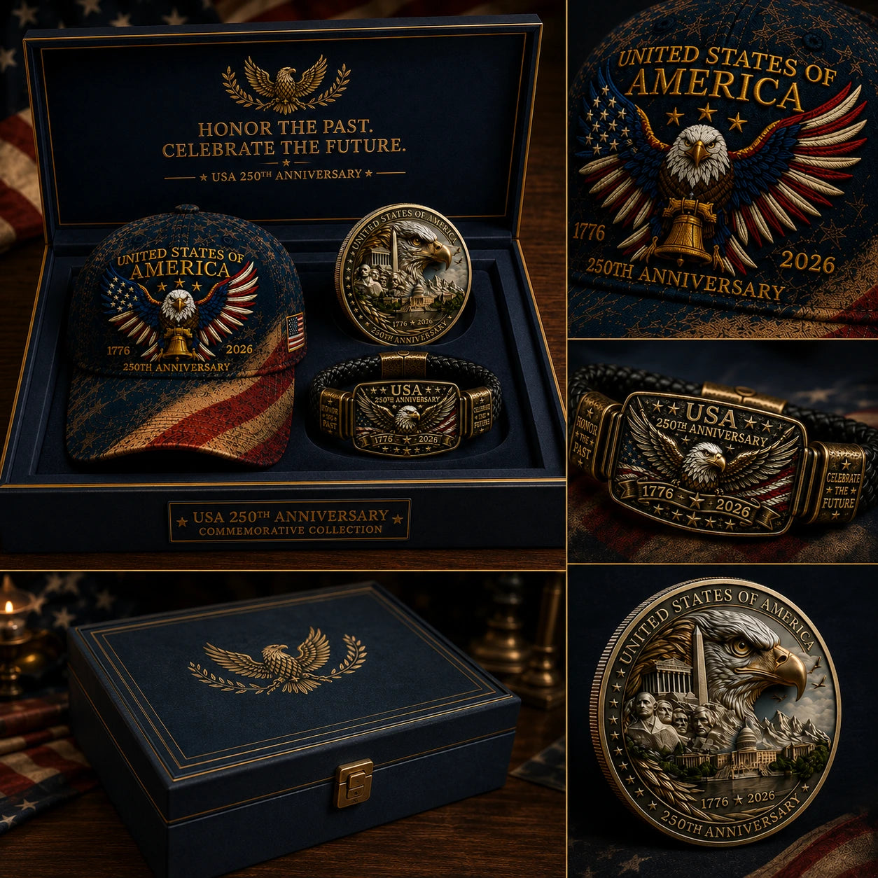 Detailed collage showing the USA 250th Anniversary product craftsmanship