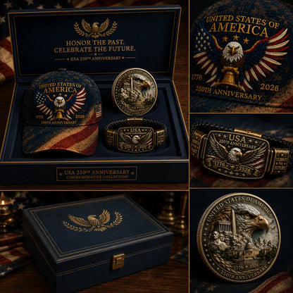 🔥 Today Only: FREE Collector Coin🔥 | USA 250th Anniversary Patriotic Eagle 3-Piece Gift Set – Embroidered Cap, Coin & Bracelet