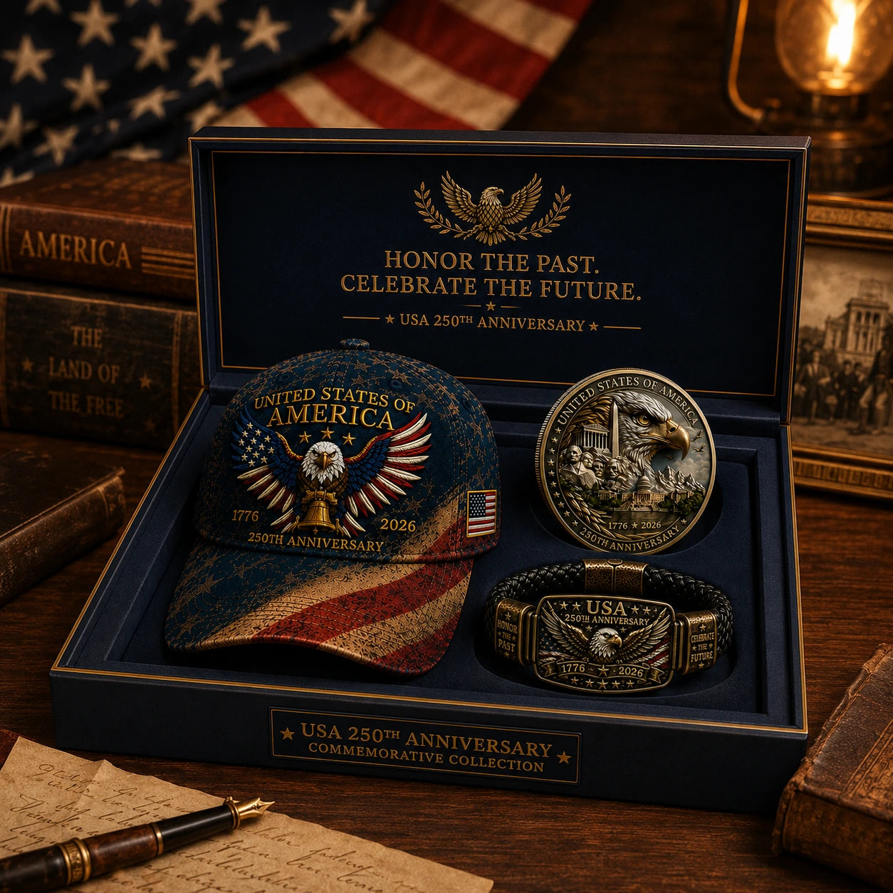 USA 250th Anniversary commemorative collection displayed in a heritage setting