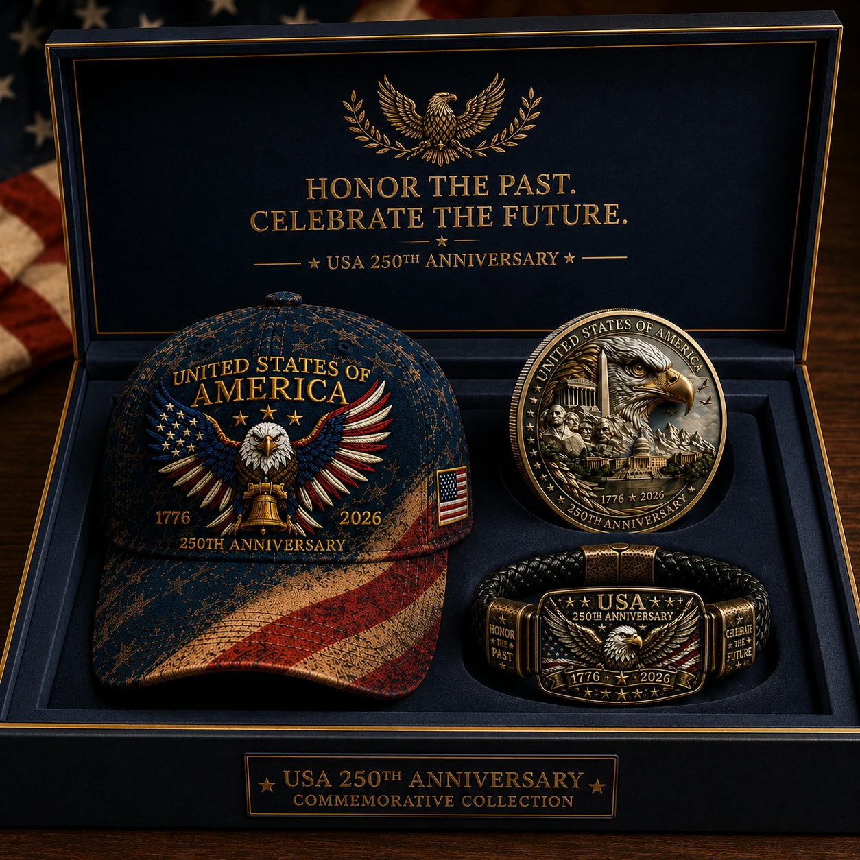 🔥 Today Only: FREE Collector Coin🔥 | USA 250th Anniversary Patriotic Eagle 3-Piece Gift Set – Embroidered Cap, Coin & Bracelet