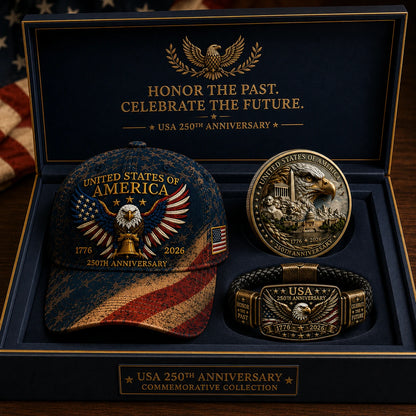 🔥 Today Only: FREE Collector Coin🔥 | USA 250th Anniversary Patriotic Eagle 3-Piece Gift Set – Embroidered Cap, Coin & Bracelet