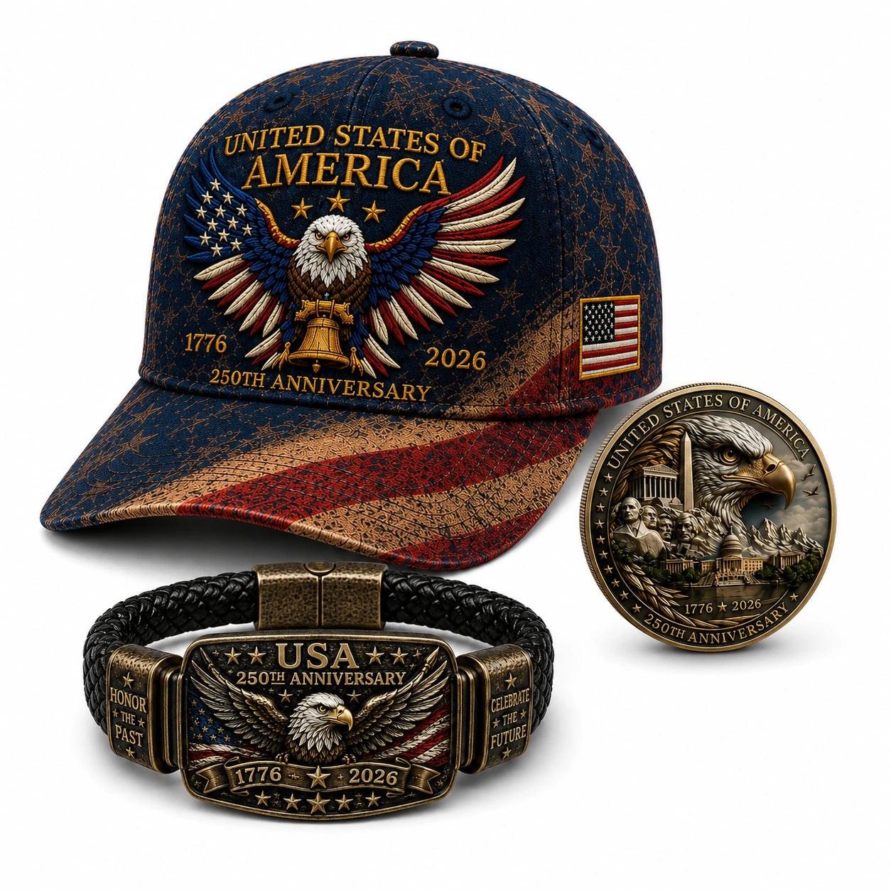 🔥 Today Only: FREE Collector Coin🔥 | USA 250th Anniversary Patriotic Eagle 3-Piece Gift Set – Embroidered Cap, Coin & Bracelet