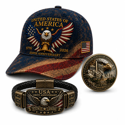 🔥 Today Only: FREE Collector Coin🔥 | USA 250th Anniversary Patriotic Eagle 3-Piece Gift Set – Embroidered Cap, Coin & Bracelet