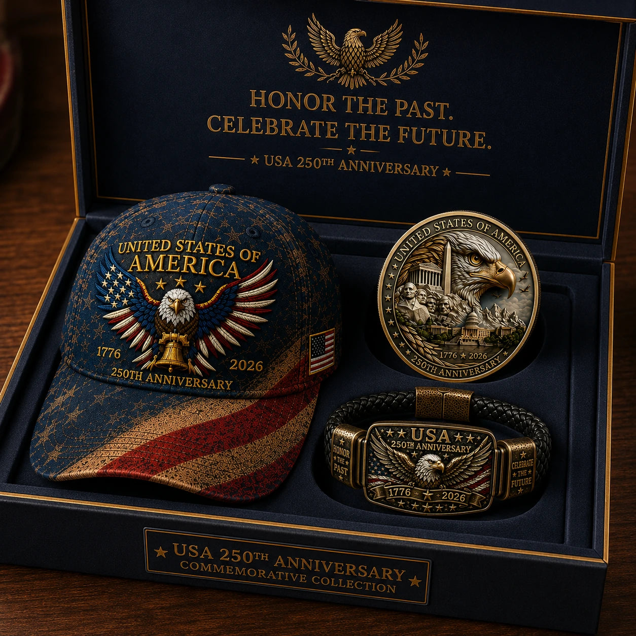 🔥 Today Only: FREE Collector Coin🔥 | USA 250th Anniversary Patriotic Eagle 3-Piece Gift Set – Embroidered Cap, Coin & Bracelet