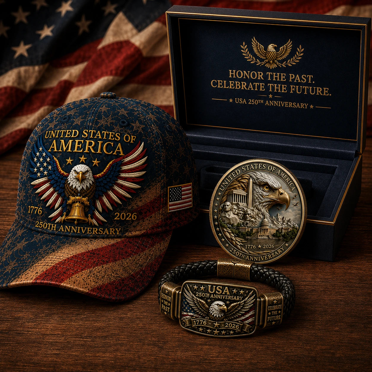 🔥 Today Only: FREE Collector Coin🔥 | USA 250th Anniversary Patriotic Eagle 3-Piece Gift Set – Embroidered Cap, Coin & Bracelet