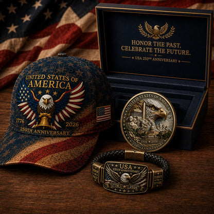 🔥 Today Only: FREE Collector Coin🔥 | USA 250th Anniversary Patriotic Eagle 3-Piece Gift Set – Embroidered Cap, Coin & Bracelet
