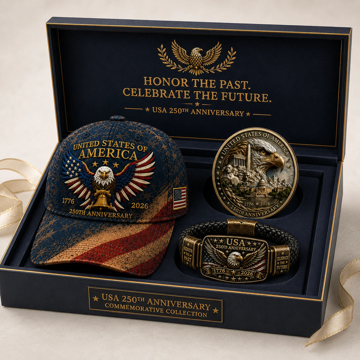 🔥 Today Only: FREE Collector Coin🔥 | USA 250th Anniversary Patriotic Eagle 3-Piece Gift Set – Embroidered Cap, Coin & Bracelet